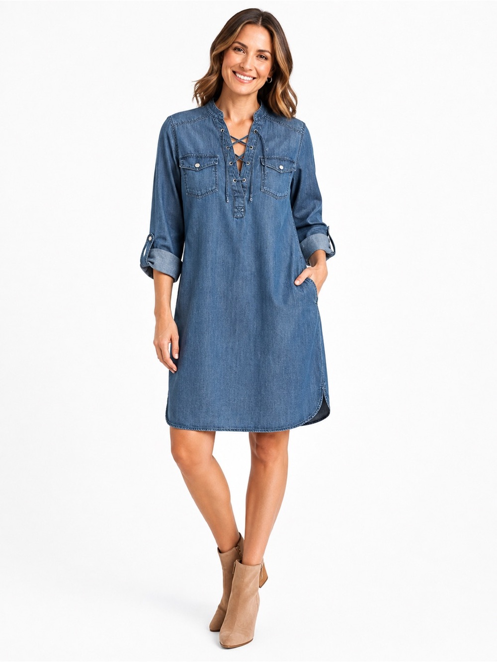 White House Black Market Denim Lace-Up Shirt Dress Size 2 NWT